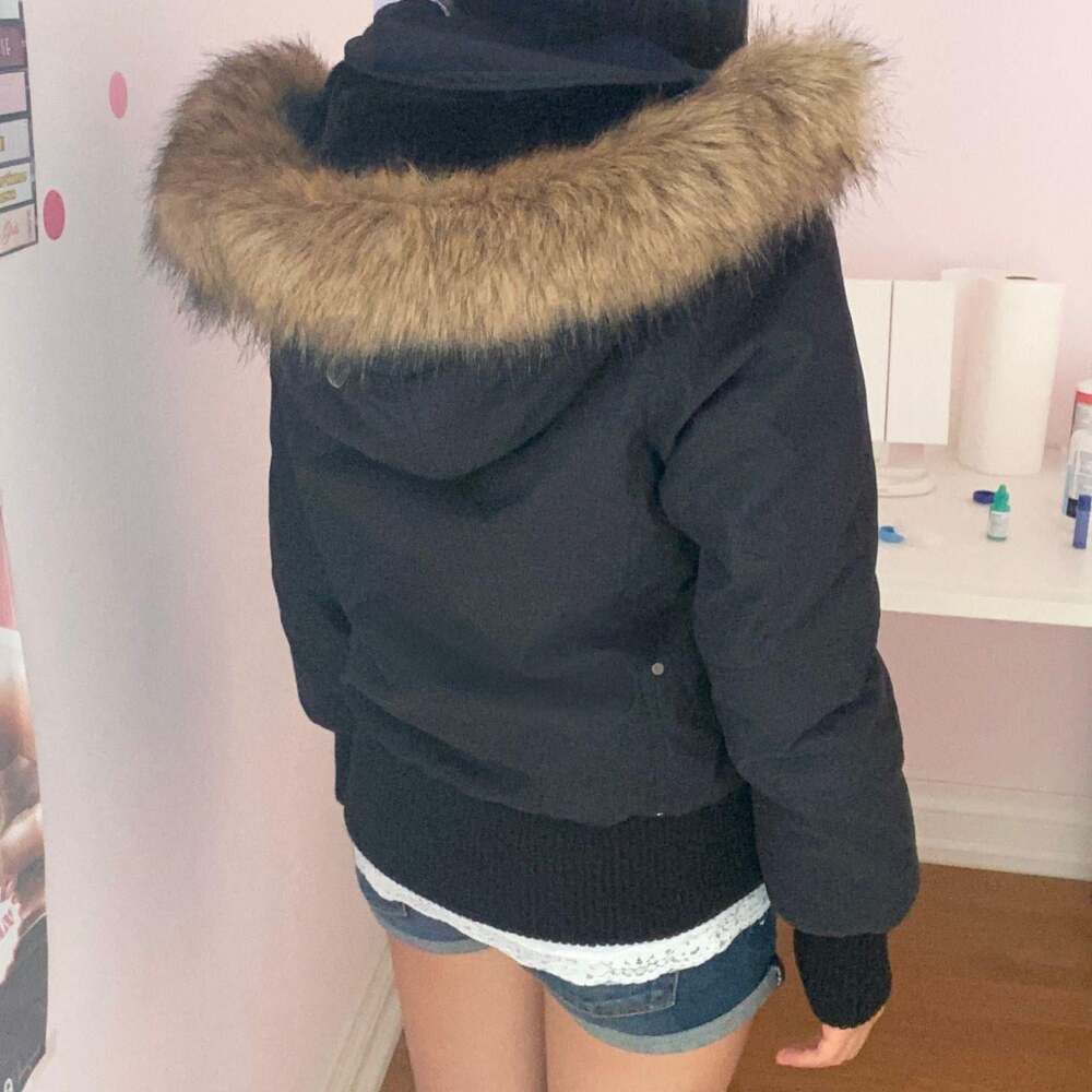 vintage 2000s TNA black winter jacket with fur hood